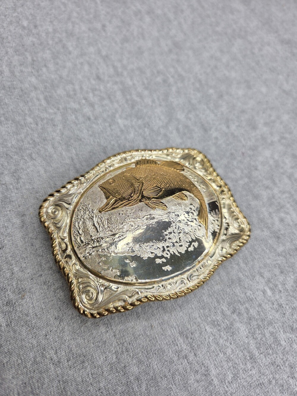 Vintage Crumrine Bass Fish Belt Buckle Silver Plate Jewelers Bronze Rope Edge